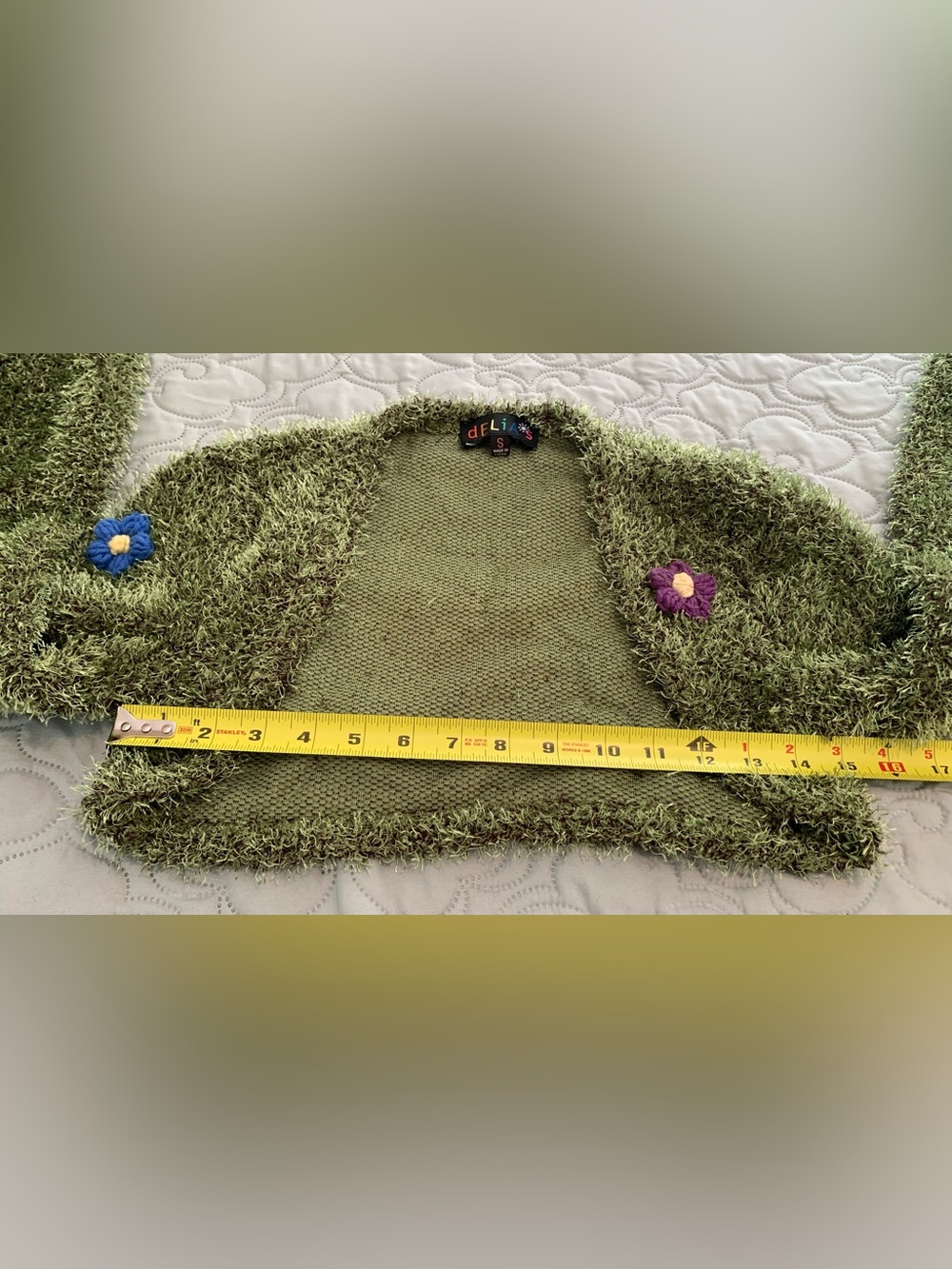 dELiA*s Dollskill Shaggy Fuzzy Moss Green Crop Shrug Bolero Floral Cardigan S - Picture 13 of 13